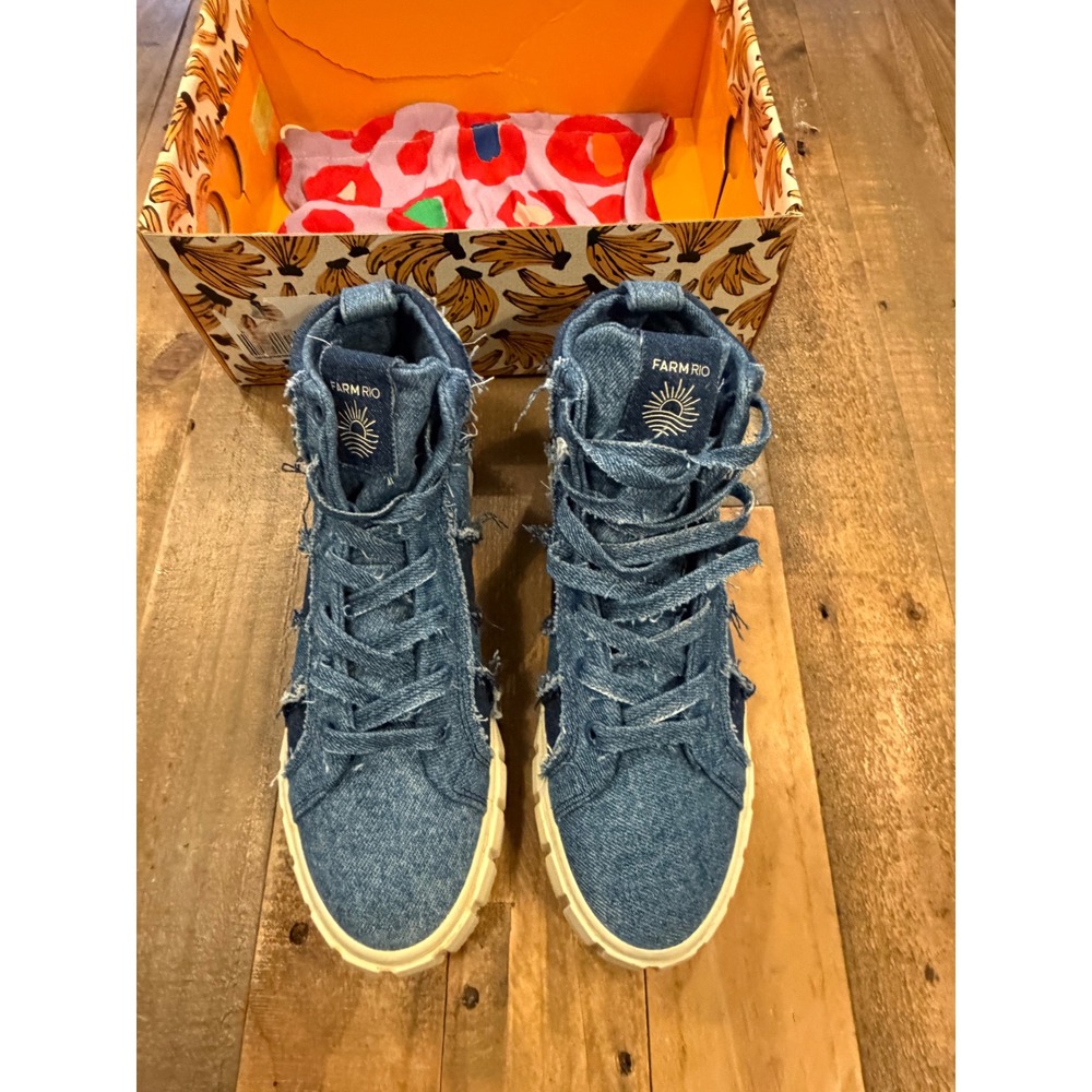 Farm Rio Patchwork Denim High Top Sneakers Blue Distressed Platform Vegan Shoes